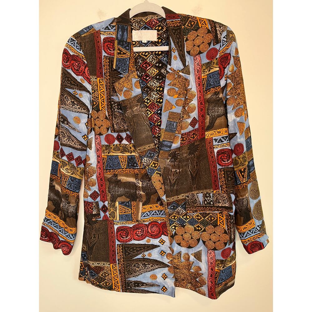 1980s Platinum Dorothy Schoelen Aztec Egyptian Medallion Maximalist Blazer M